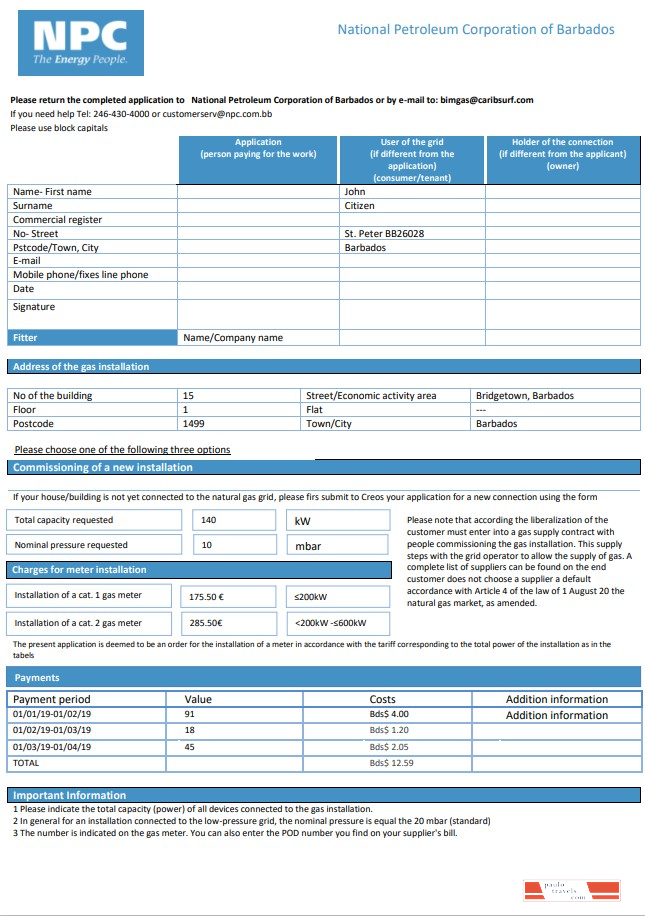 Barbados National Petroleum Corporation of Barbados gas utility bill